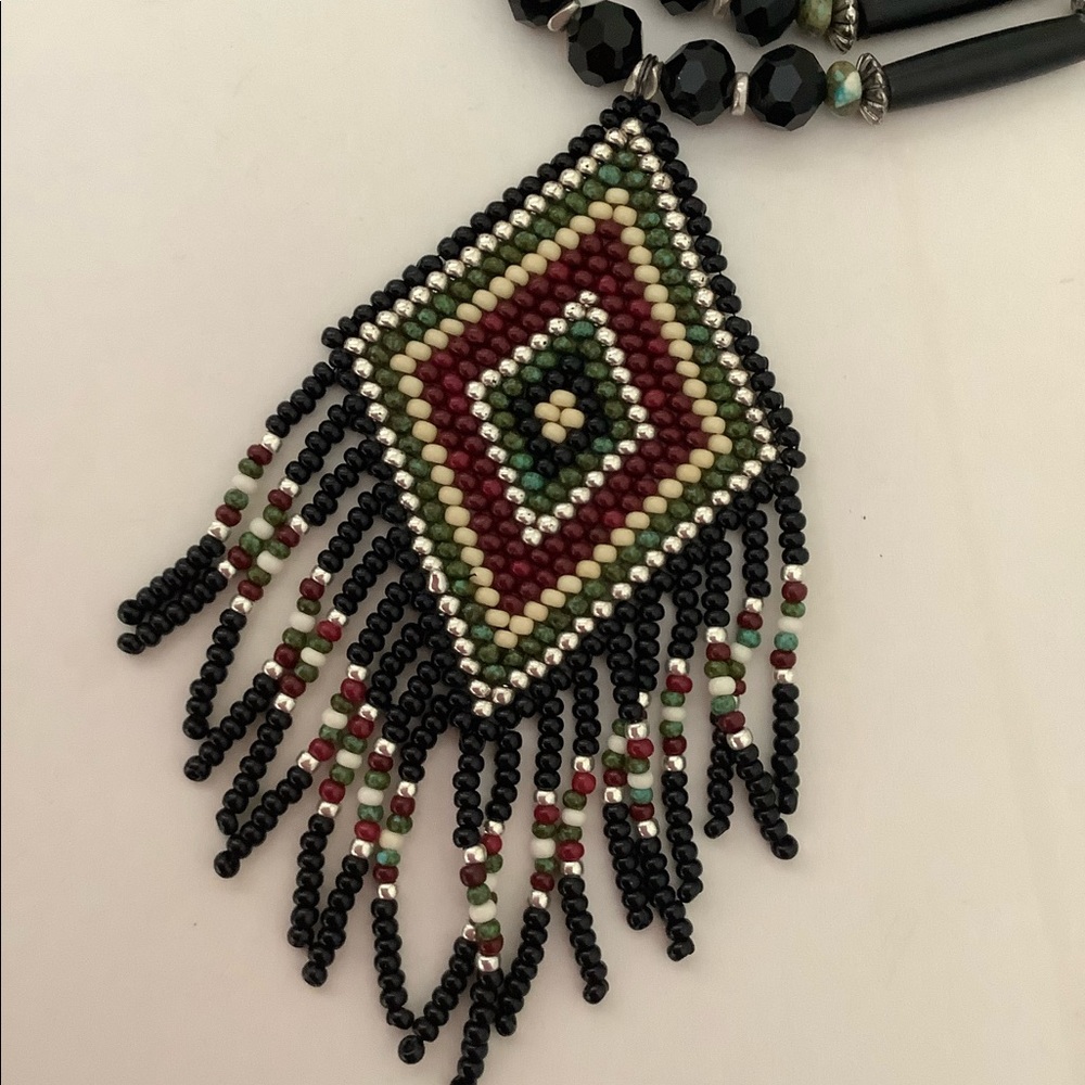 Hubei turquoise, crystal and onyx pendant necklace or choker.